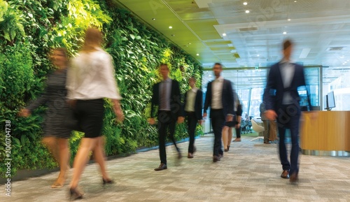 Blurred motion of business people walking through modern office with living green wall