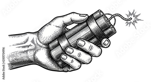 Hand holding dynamite explosive stick.