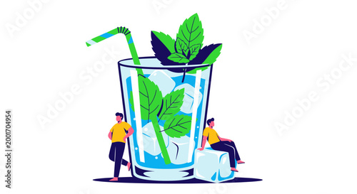 Refreshing Drink with Green Leaves.