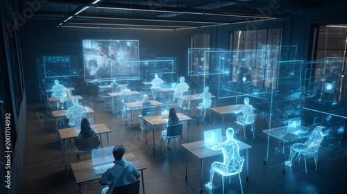 Virtual classroom with floating screens and holograms.  
Modern online education concept, cinematic atmosphere, photorealistic.