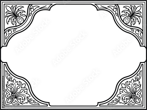 Black and white floral rectangular ornate frame with pineapple motifs and vintage manner artistic filigree borders.