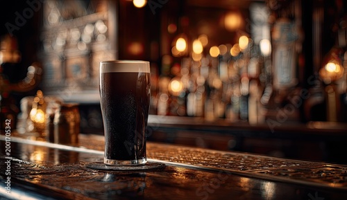Dark, frothy beer glass rests on a wet bar, dimly lit by glowing bar lights