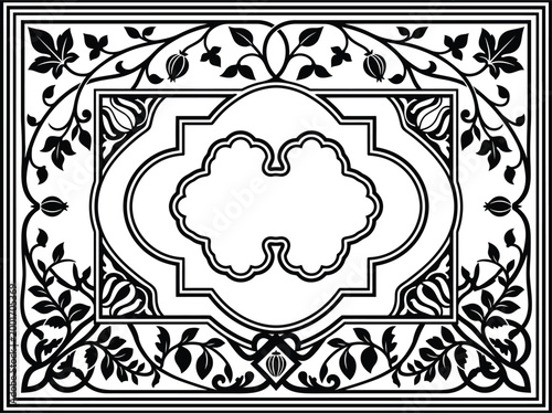 Black and white intricate floral frame border structure drawing with comprehensive botanical ornamental elements.
