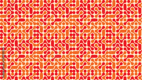 Dynamic abstract geometric seamless pattern featuring interconnected rounded shapes in energetic red and orange hues, forming a vibrant and modern digital background