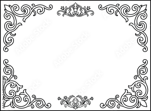 Sophisticated ornamental frame border composition with intricate scroll patterns for specialized visual projects.