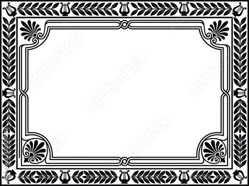 Classical greco roman ornamental border frame with intricate leaf patterns and harps in high resolution quality.