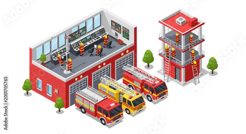 Isometric illustration of a fire station with fire trucks and firefighters on a white background
