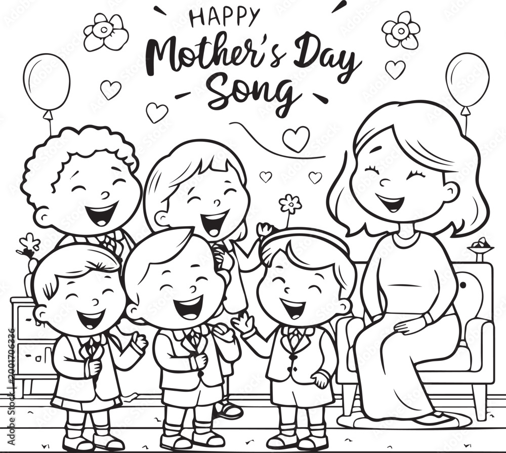 Fototapeta premium Happy Mother's Day coloring page for kids with children singing a song for their mother, school classroom celebration, cute line art illustration.