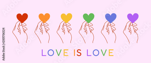 Happy Pride Month vector banner with rainbow flag inside hearts held in hands symbolizing sexual diversity, freedom, and love.lgbt, lgbtq, lgbtqia support  illustration, perfect for web, digital, use 