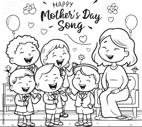 Happy Mother's Day coloring page for kids with children singing a song for their mother, school classroom celebration, cute line art illustration.