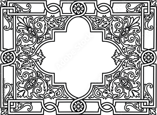 An intricate monochrome vector border composition featuring stylish floral filigree with proficient high resolution.