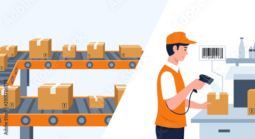 Warehouse worker scanning a box on a conveyor belt with a barcode scanner