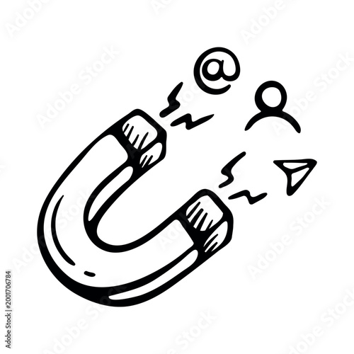 Lead generation magnet icon for attracting new customers. Hand drawn doodle illustration of a magnetic horseshoe pulling user profiles and emails.
