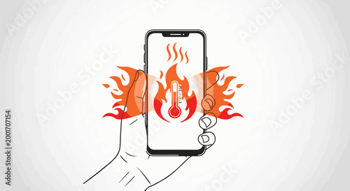 Hand holding phone showing thermometer with flames around it
