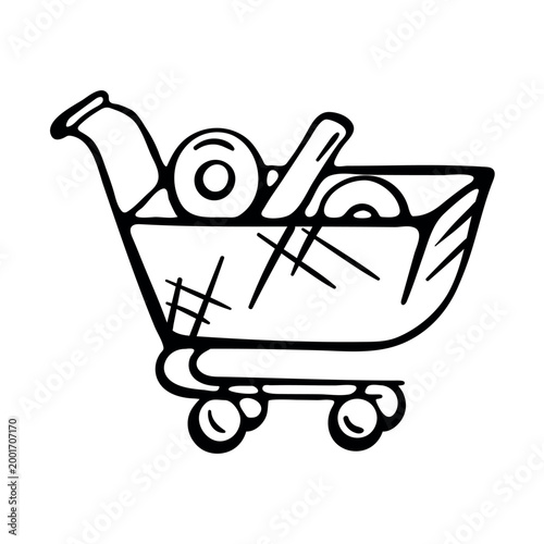 Shopping cart with percentage sign icon for seasonal sales. Hand drawn doodle illustration of retail trolley carrying discount symbol for price.