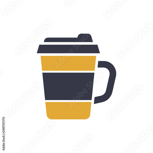 Yellow and blue disposable coffee cup with a lid illustration featuring bold stripes and a handle for to go beverages