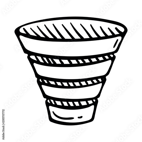 Sales funnel icon for marketing conversion. Hand drawn doodle illustration of a layered conical filter for lead processing and business analytics.