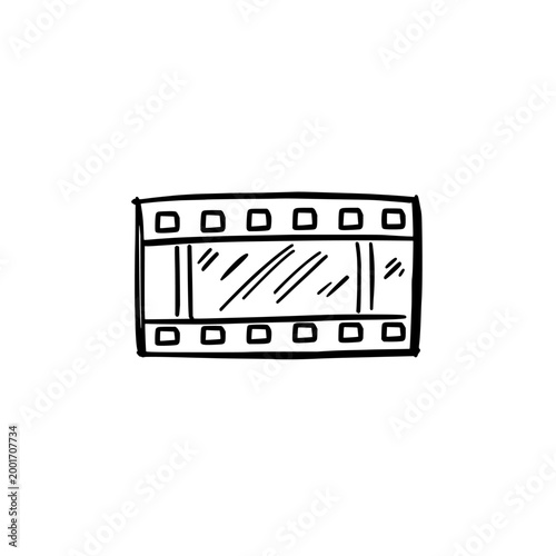 Hand drawn film strip icon. Movie cinema filmstrip sign and symbol. Doodle style film icon logo design. Isolated vector illustration for video production and media.