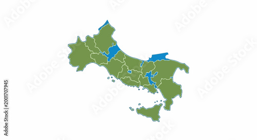 Green and blue map outlines regions with coastlines and inland water bodies