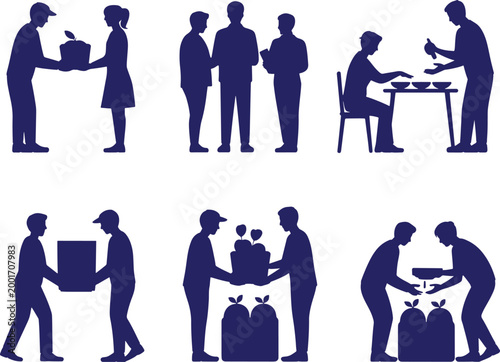Diverse group of people silhouettes engaged in various acts of giving and receiving such as sharing plants food and boxes illustrating community support and kindness in a clean simple graphic style