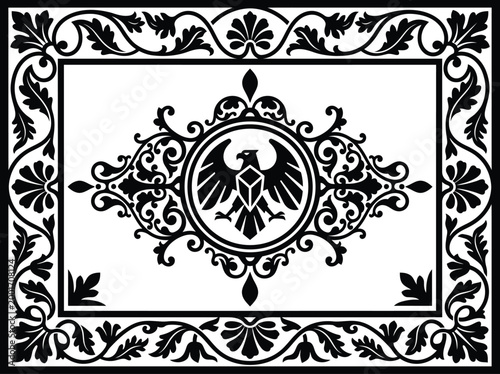 Black and white vector sketch of an stylish eagle emblem featuring intricate filigree border specialized structure.