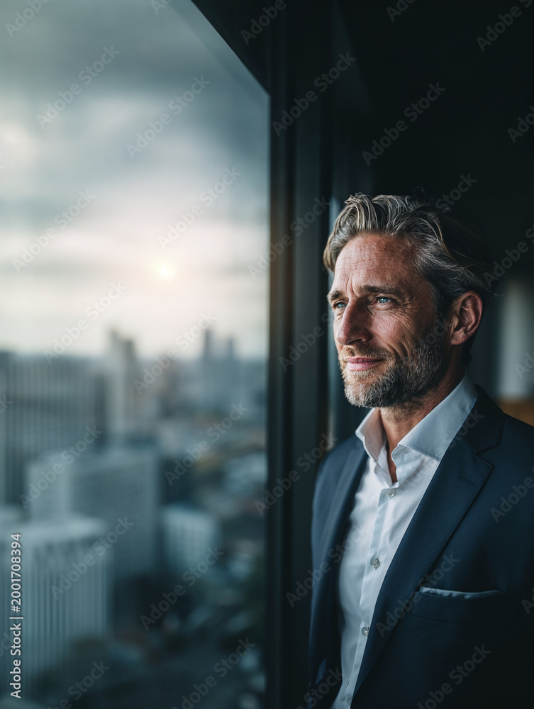 Fototapeta premium Contemplative executive in navy suit gazing at cloudy city skyline from office window