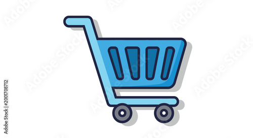 Bright blue shopping cart icon with clean lines and a subtle shadow representing online shopping retail and e commerce concepts on a plain white background symbolizing convenience
