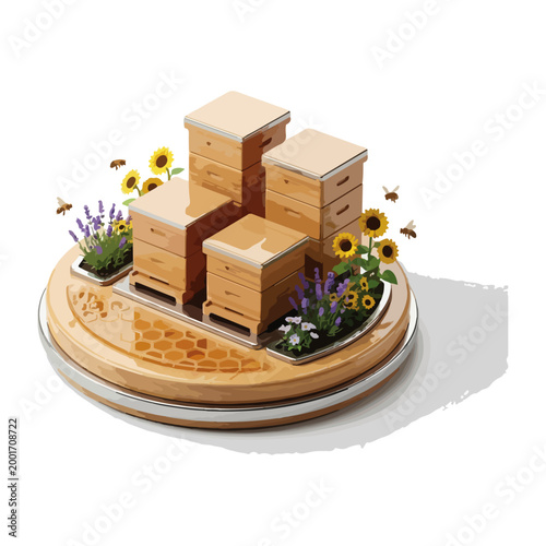 3d vector icon of sustainable beekeeping agriculture, miniature flower farm platform with modern wooden beehive boxes, small bees hovering around blossoms