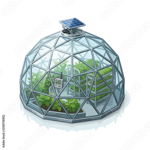 3d vector icon of modern smart greenhouse dome, transparent glass structure protecting lush crops inside, humidity sensor module, solar powered ventilation fan on top