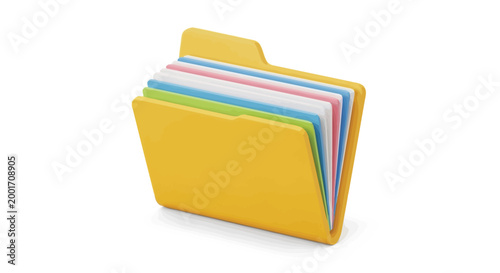 Bright yellow folder holding a stack of colorful paper documents organized and ready for efficient data management and administrative tasks in an office setting