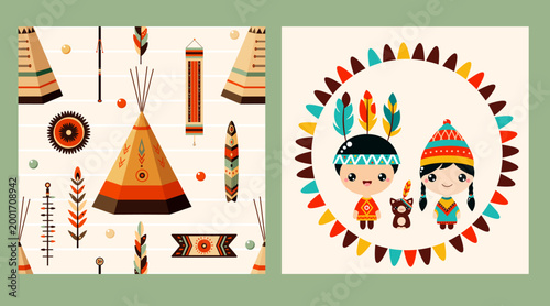 Vector set of seamless pattern and one print with American Indian tribal ornament. Endless texture can be used for pattern fills, t-shirt print, web page background, fabric design, scrapbooking paper