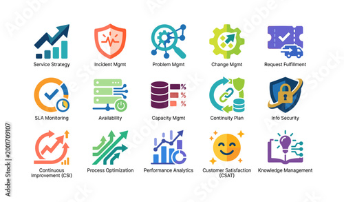 Service management and it operations icons on white grid