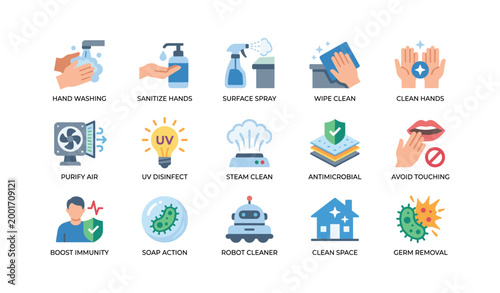 Hand hygiene and cleaning icons arranged on white grid background
