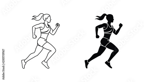 Athletic female runner silhouette vector in motion with ponytail in outline and solid black styles for fitness and health or sports club branding