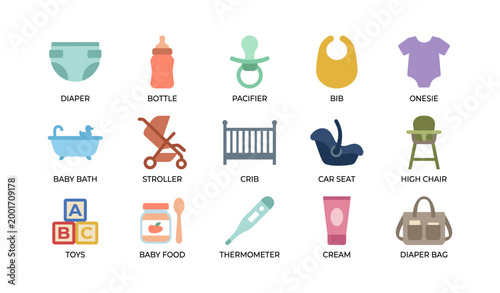 Baby care item icons arranged in rows with nursery objects