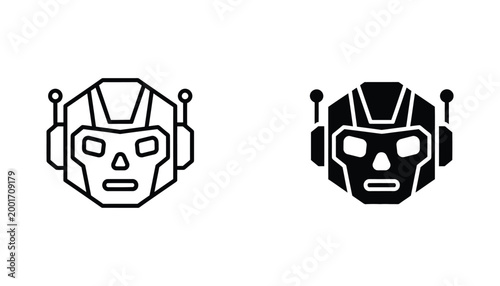 Futuristic robot head mascot vector with antenna and mechanical details in outline and solid black silhouette styles for tech and gaming branding