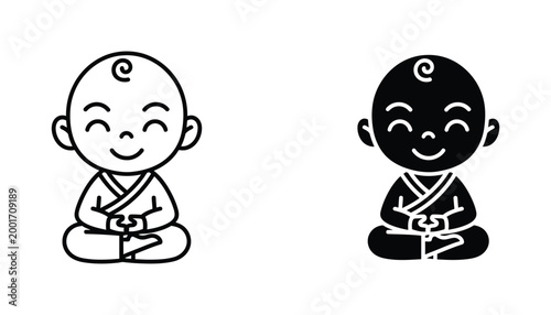 Cute meditating monk baby character vector with peaceful expression in outline and solid black silhouette styles for wellness and spiritual branding