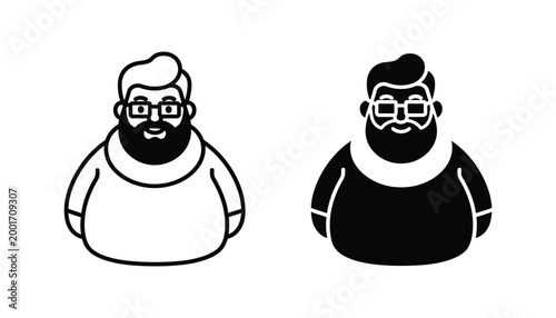Middle aged man with beard and glasses vector avatar icon set featuring line art and solid silhouette styles for user profile or tech community web design elements