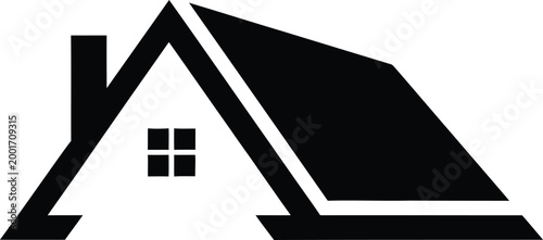Simple black house roof icon with chimney and window with real estate