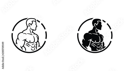 Muscular man bodybuilder physique inside circle outline and solid black silhouette icon set