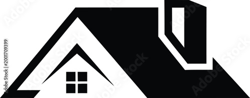 Black silhouette of a house roof with chimney and window