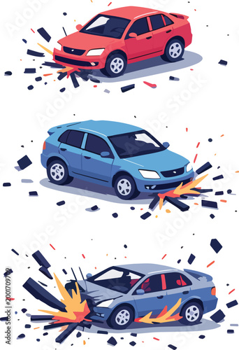 Car crash with fire accident scene – vector illustration	

