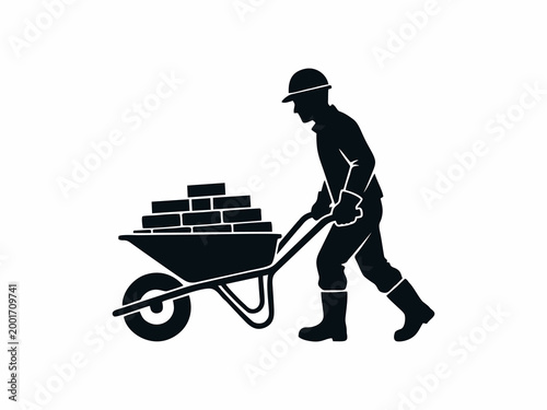 Construction worker pushing a wheelbarrow full of bricks silhouette vector illustration