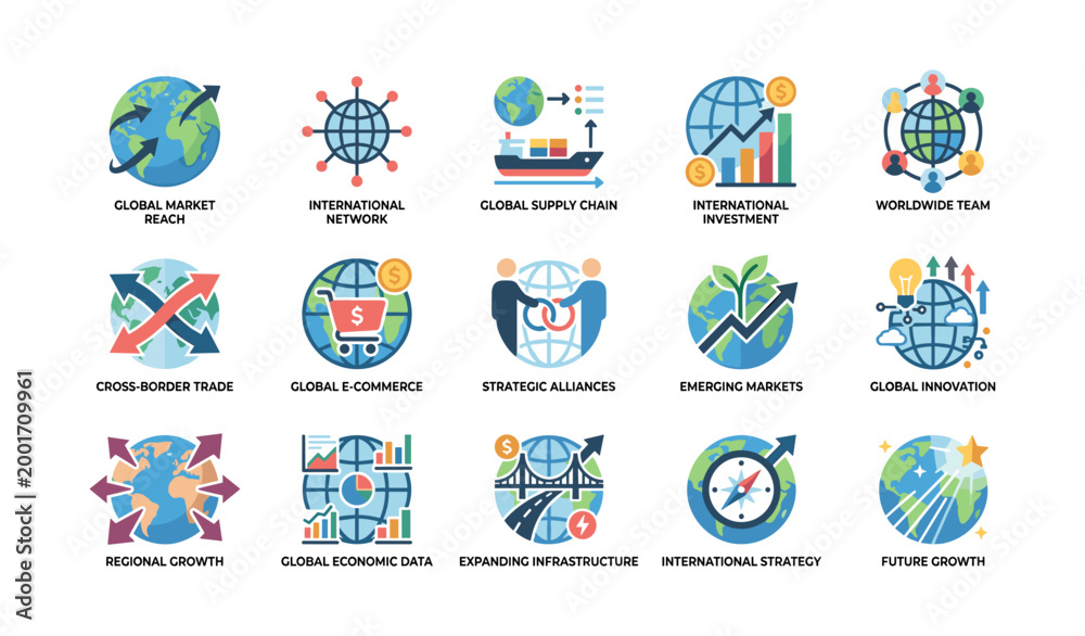 Fototapeta premium Global business and trade icons arranged in grid on white background