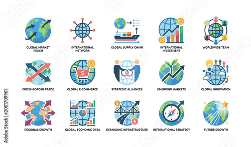 Global business and trade icons arranged in grid on white background