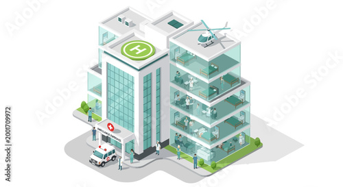 Isometric illustration of a modern hospital building with a helicopter pad on the roof and an ambulance in front.