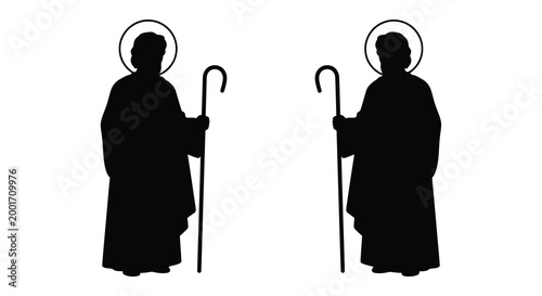 two saint silhouettes holding staffs silhouette high quality professional detailed