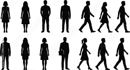 Business people silhouettes set with men and women standing walking and office poses isolated on white background