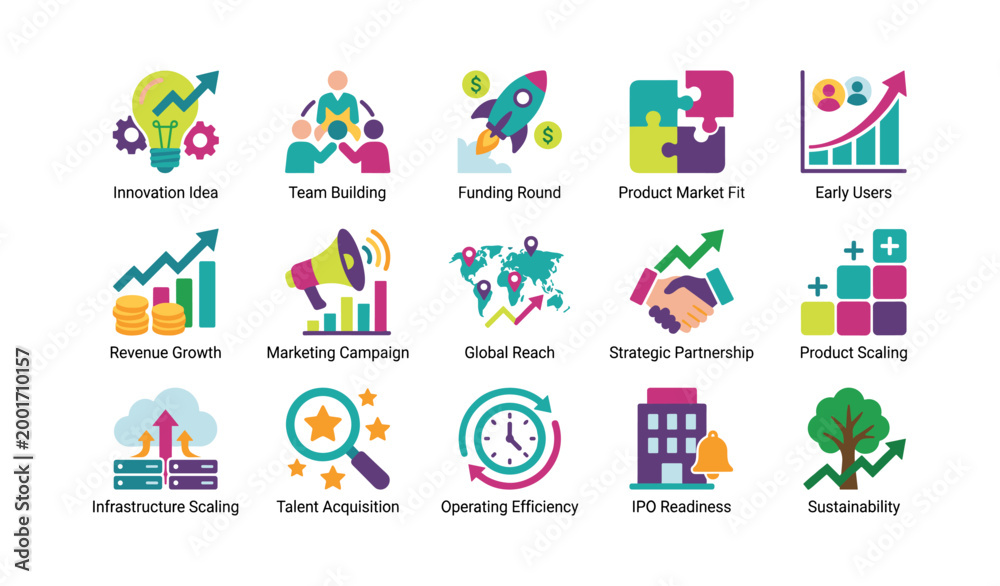 Fototapeta premium Business and growth icons showing startup stages in grid