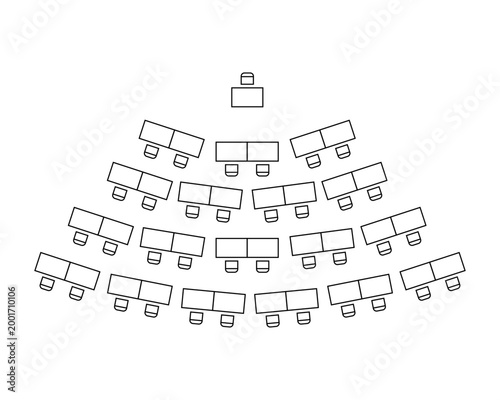 Meeting room seating layout line icon, top view table and chairs arrangement for conference planning and interior space organization, auditorium layout design